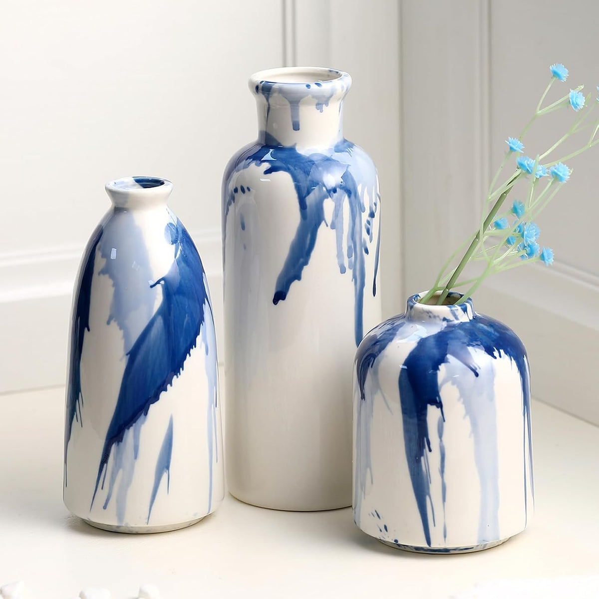 Blue and White Ink Splash Vases, Set of 3