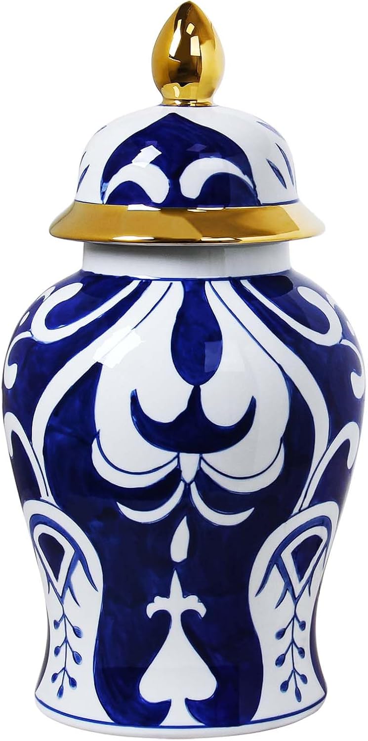 Blue and White Ginger Jar with Gold Trim, 14 Inch