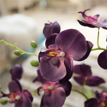 Faux Orchid in Navy Ribbed Ceramic Pot