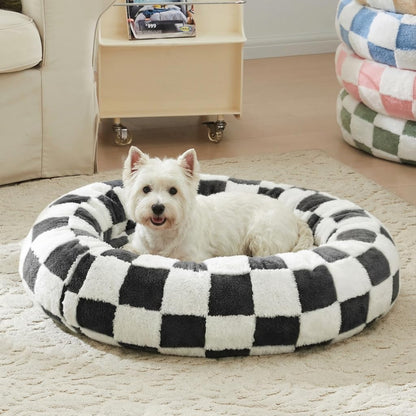 Blue Checkered Round Dog Bed