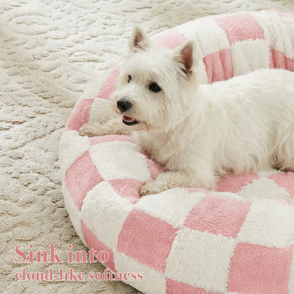 Blue Checkered Round Dog Bed