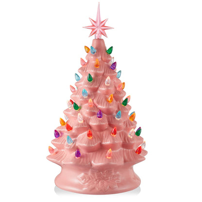 Hand Painted Ceramic Christmas Tree, 15 Inch Pre-Lit