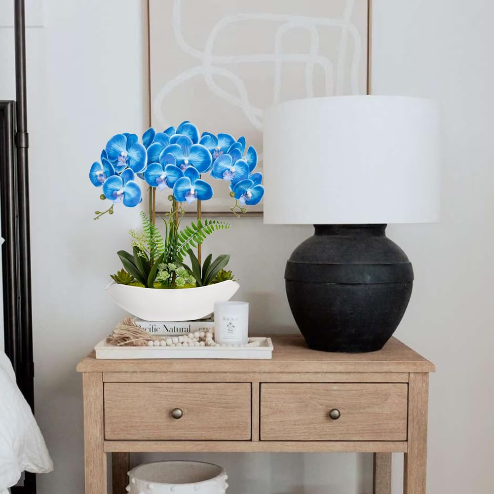 Briful Faux Orchid in Blue and White Boat Vase