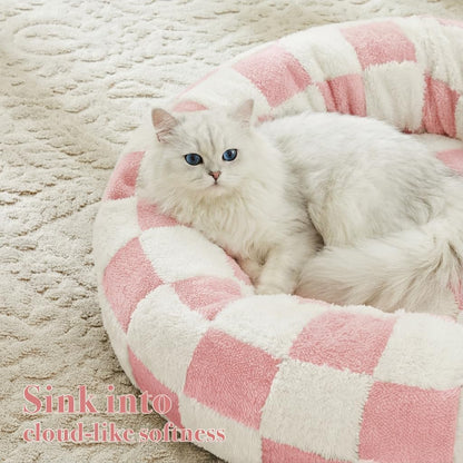 Blue Checkered Round Dog Bed