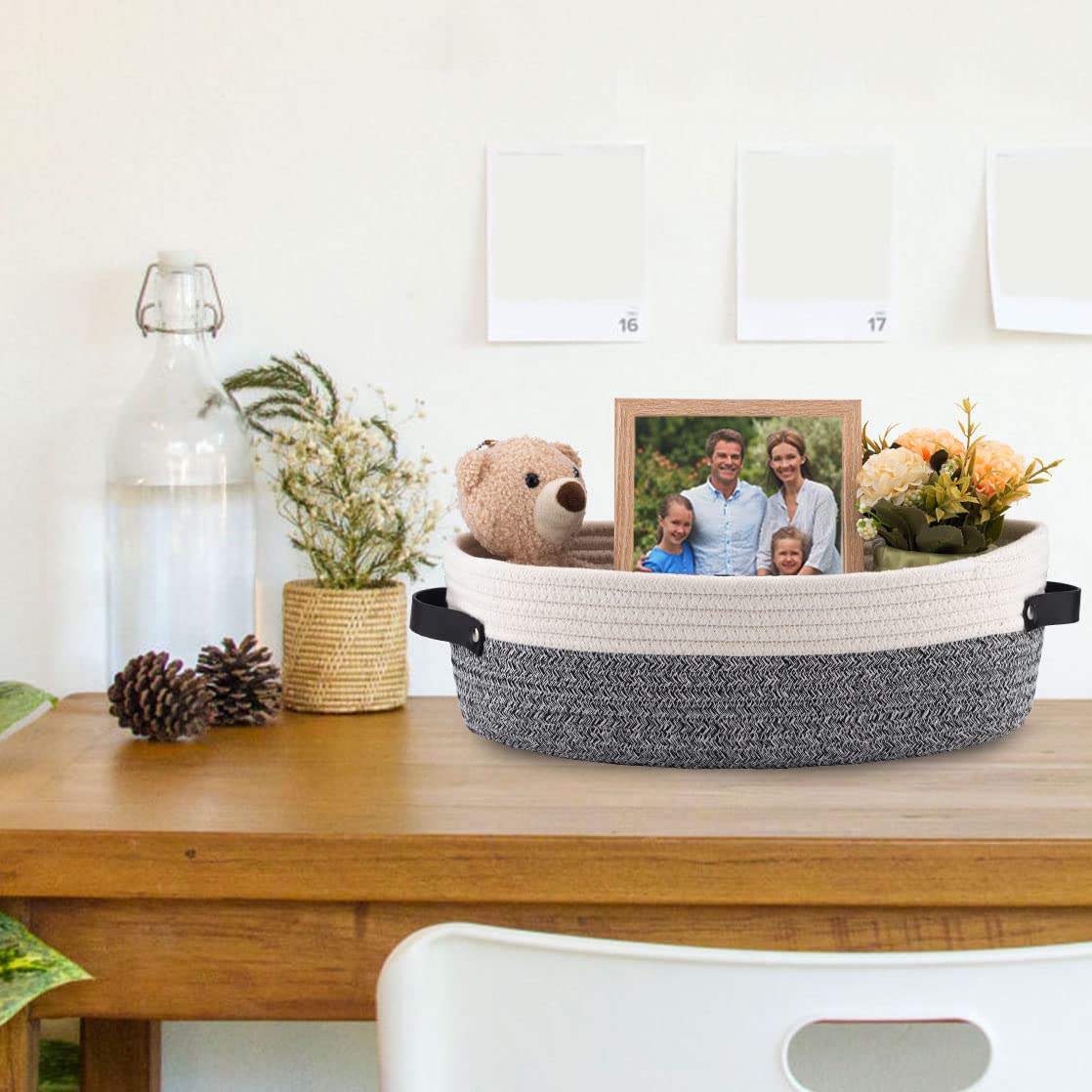 Woven Cotton Rope Toilet Tank Basket, Navy and White