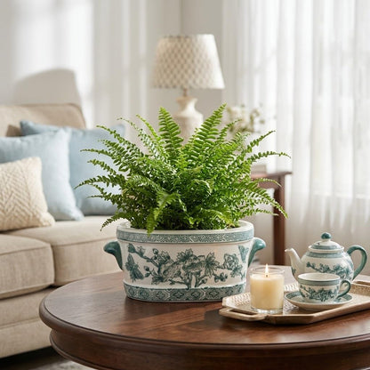 Blue Floral Oval Ceramic Cachepot, 10.6 in