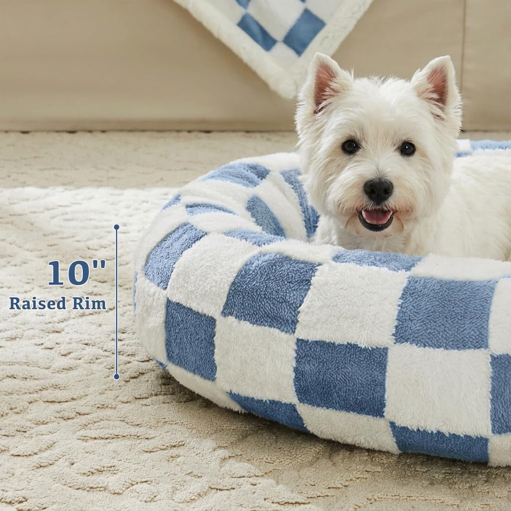 Blue Checkered Round Dog Bed