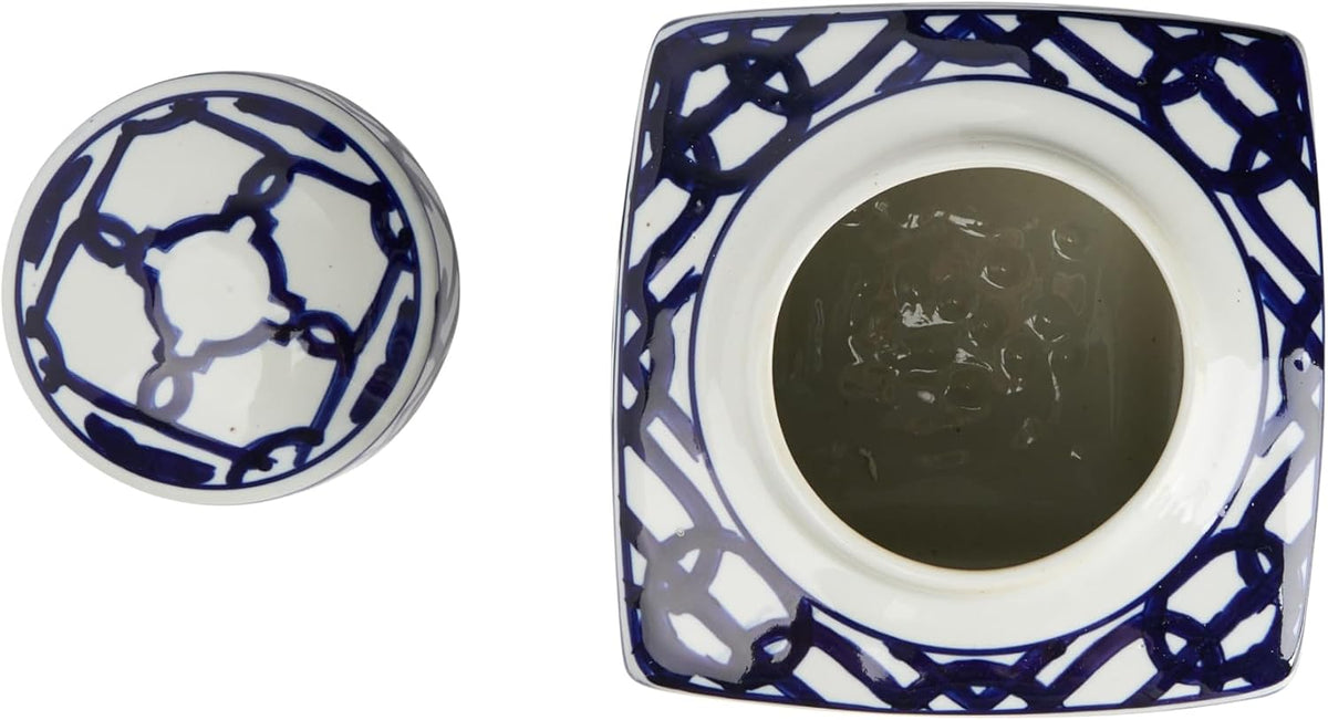 Square Ceramic Ginger Jar with Lid, Blue and White