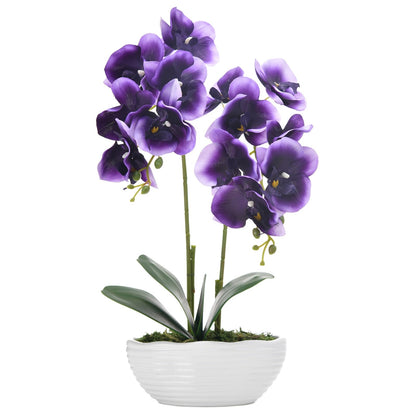 Faux Orchid in Navy Ribbed Ceramic Pot
