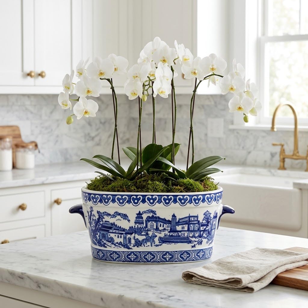 Blue Floral Oval Ceramic Cachepot, 10.6 in
