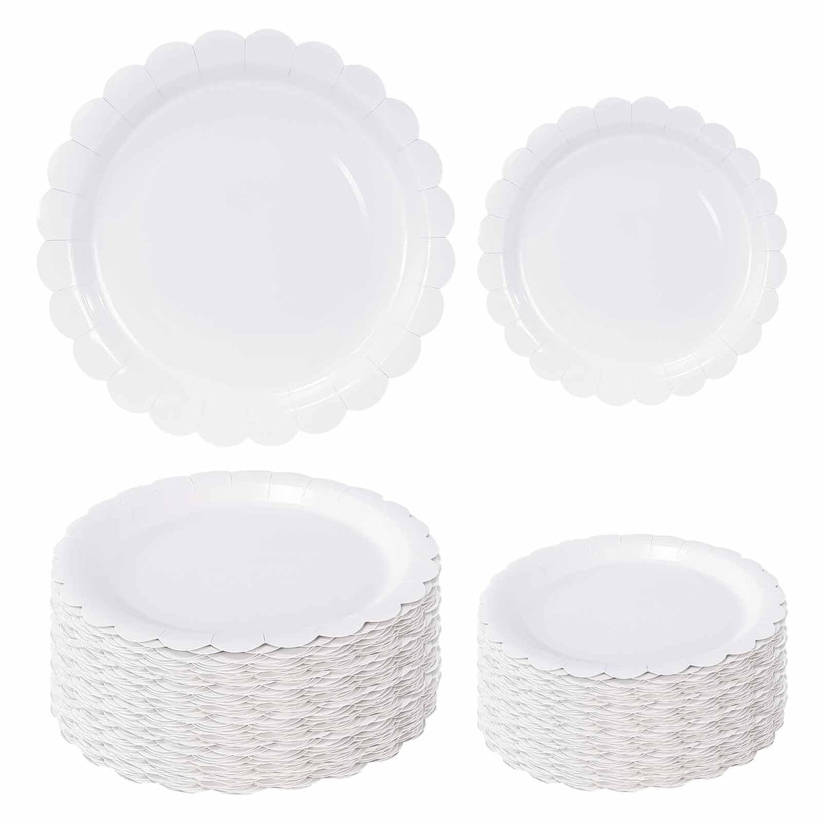 White Scalloped Paper Plates, Royal Blue Trim, 50 Pack