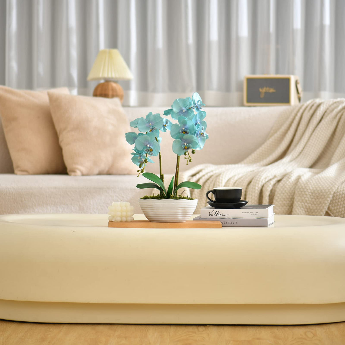 Faux Orchid in Navy Ribbed Ceramic Pot