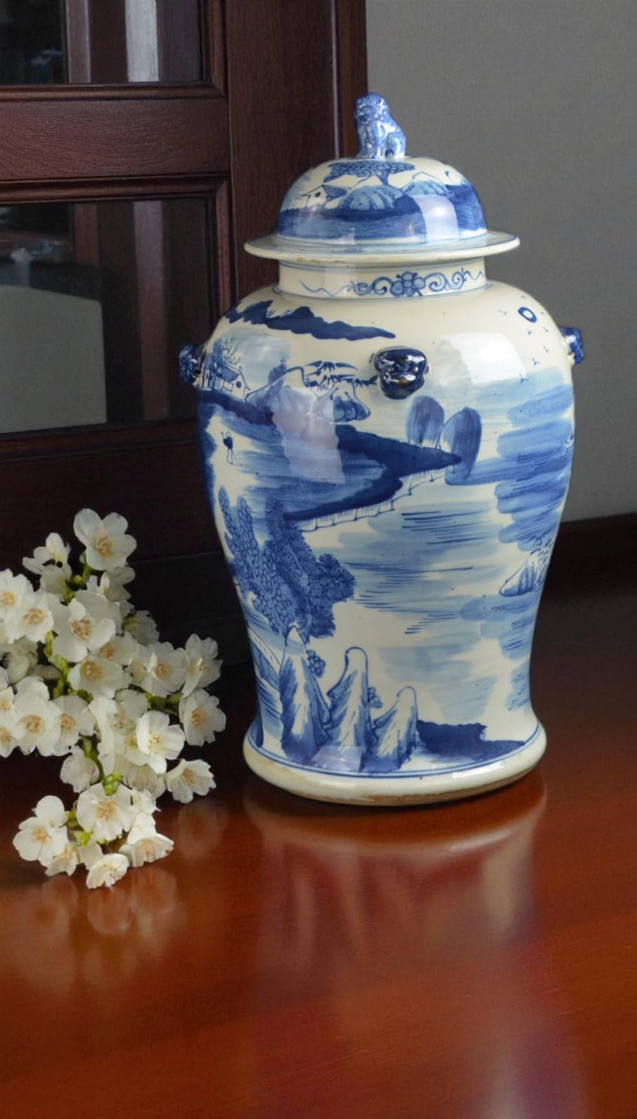 Blue and White Lotus Ginger Jar, 19 Inch