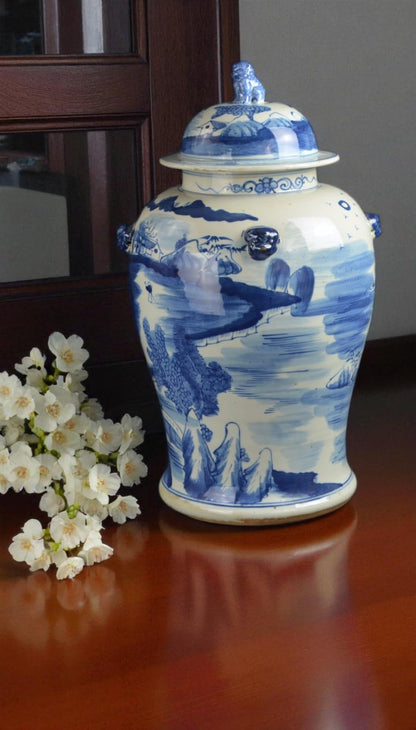 Blue and White Lotus Ginger Jar, 19 Inch