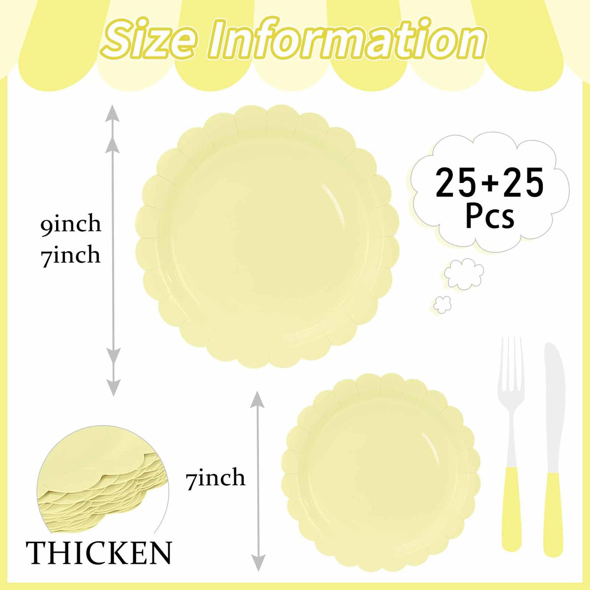 White Scalloped Paper Plates, Royal Blue Trim, 50 Pack