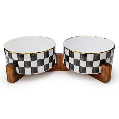 Blue and White Checkered Ceramic Dog Bowls