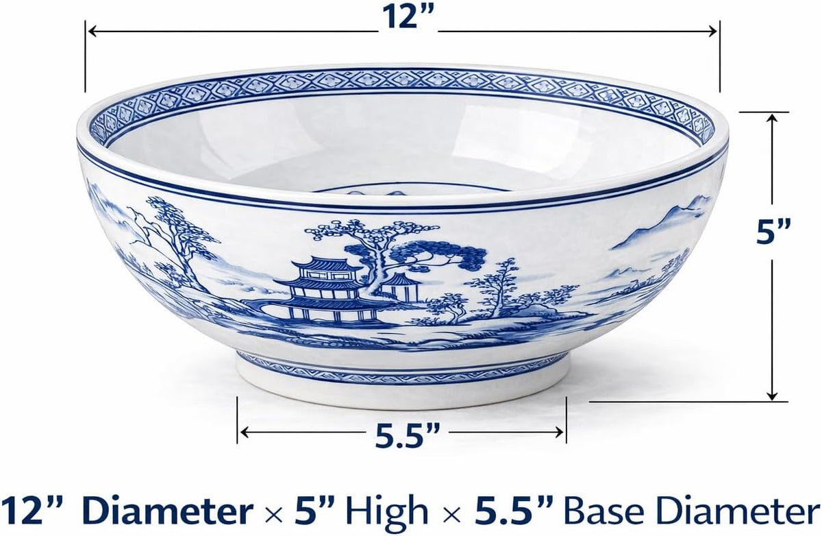 Blue and White Chinese Landscape Centerpiece Bowl, 12 Inch