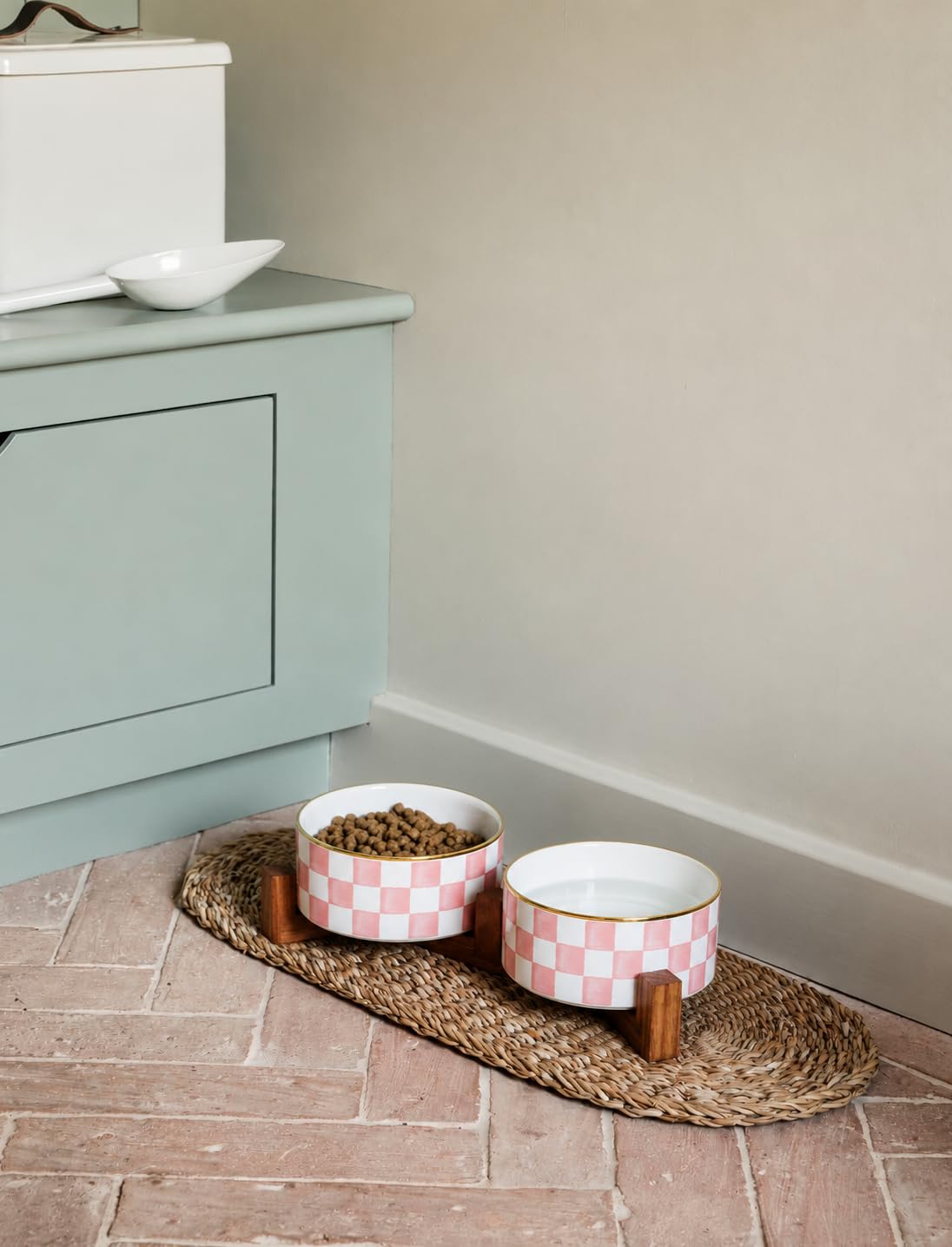 Blue and White Checkered Ceramic Dog Bowls