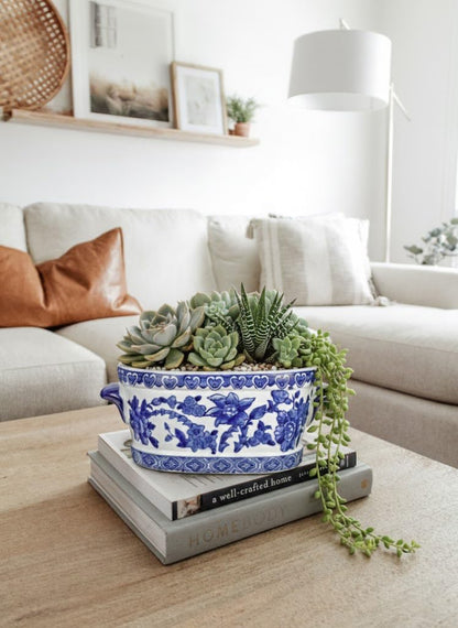 Blue Floral Oval Ceramic Cachepot, 10.6 in