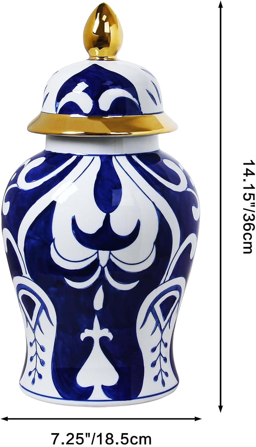 Blue and White Ginger Jar with Gold Trim, 14 Inch