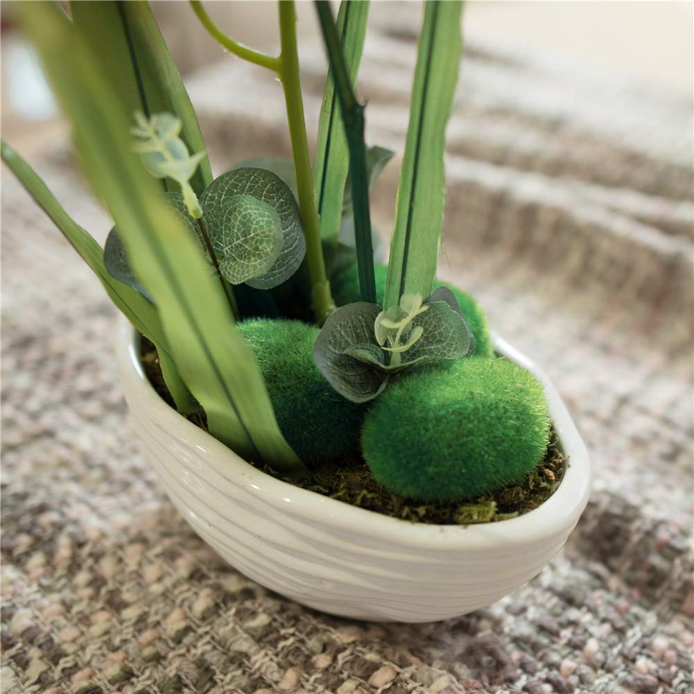 Faux Orchid in Navy Ribbed Ceramic Pot