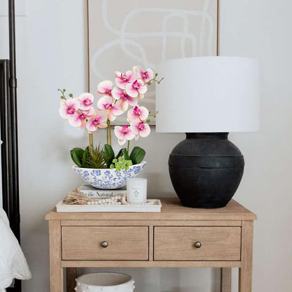 Briful Faux Orchid in Blue and White Boat Vase