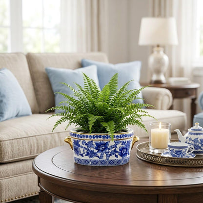 Blue Floral Oval Ceramic Cachepot, 10.6 in