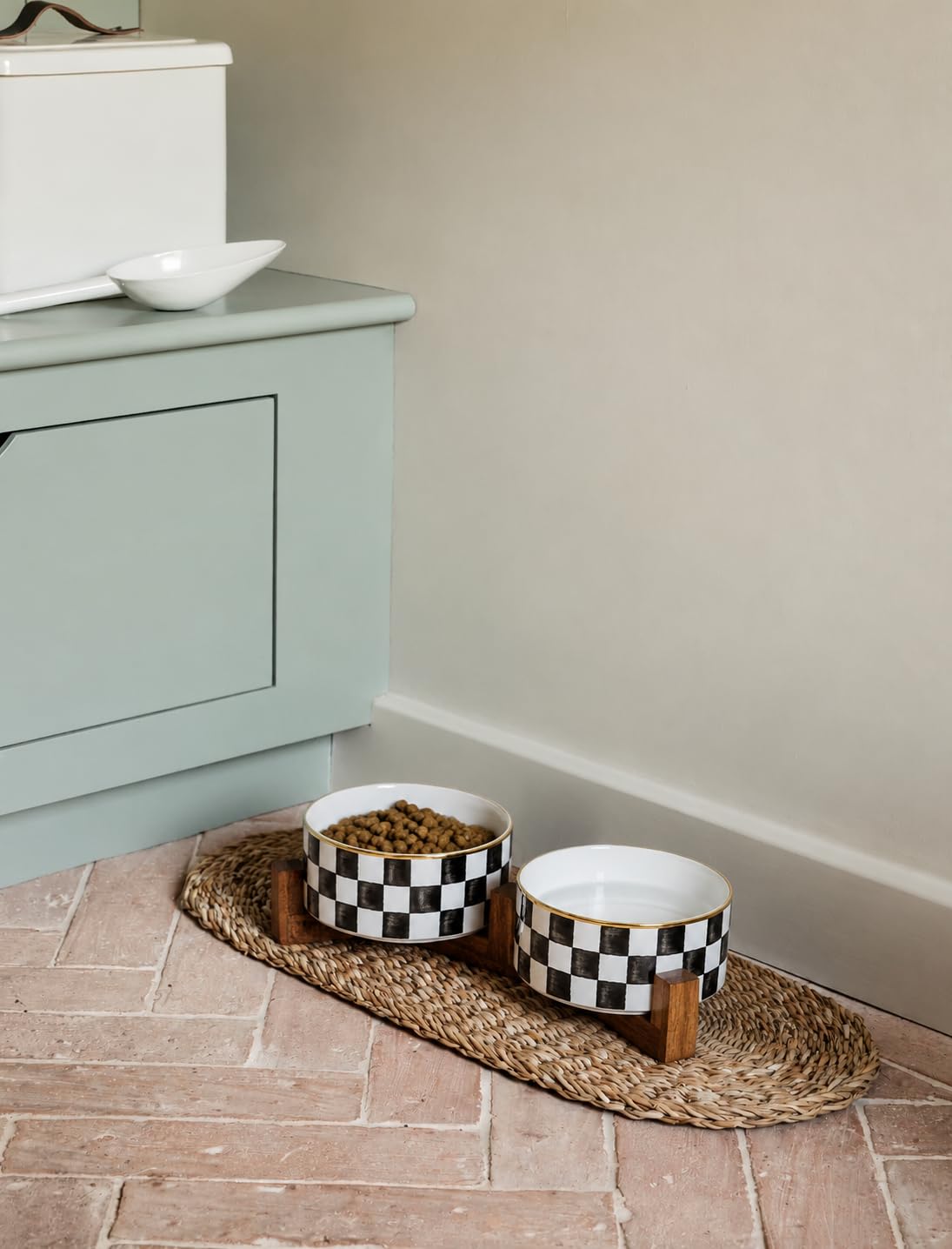 Blue and White Checkered Ceramic Dog Bowls