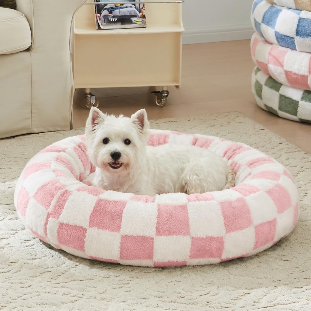 Blue Checkered Round Dog Bed