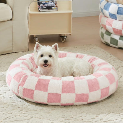 Blue Checkered Round Dog Bed