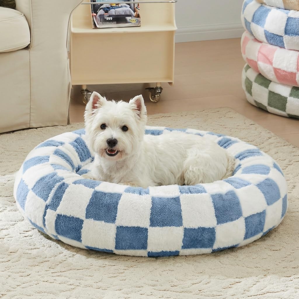Blue Checkered Round Dog Bed