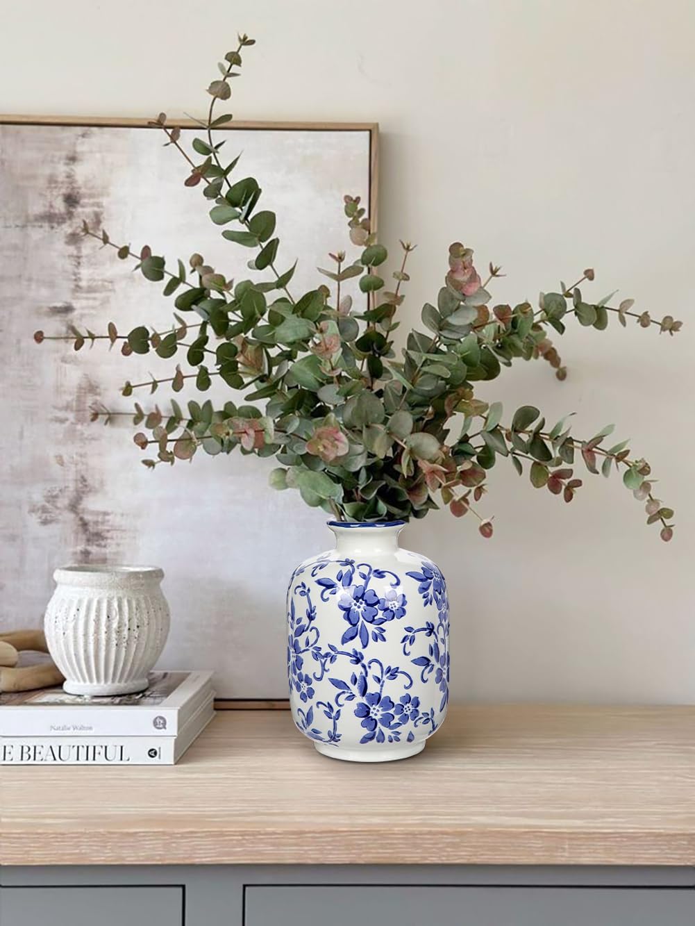 Hollyone Blue and White Chinoiserie Bottle Vase, 7 Inch
