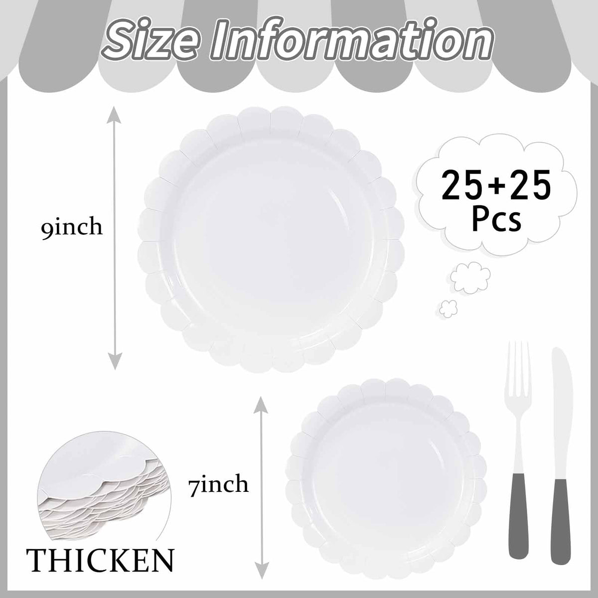 White Scalloped Paper Plates, Royal Blue Trim, 50 Pack