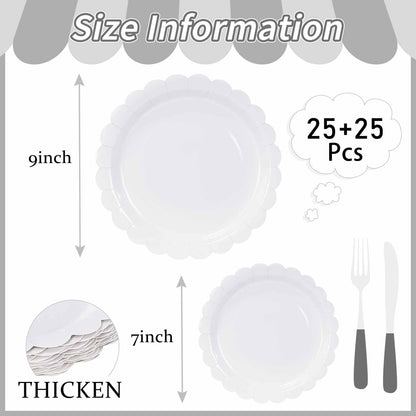 White Scalloped Paper Plates, Royal Blue Trim, 50 Pack
