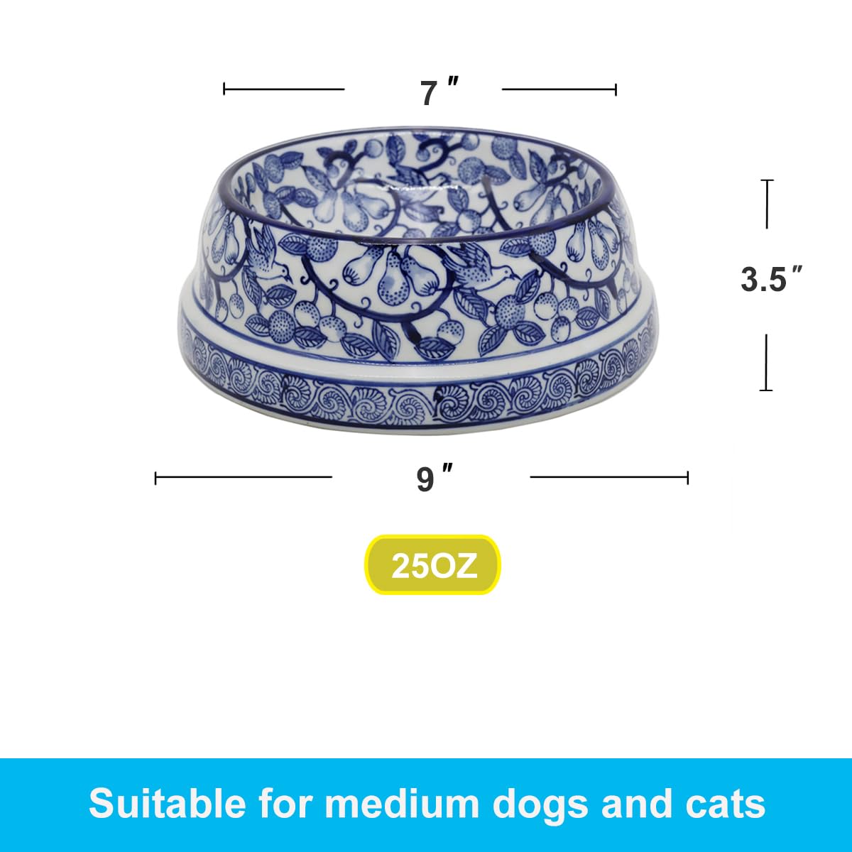 Hand-Painted Blue and White Ceramic Pet Bowl