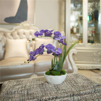 Faux Orchid in Navy Ribbed Ceramic Pot