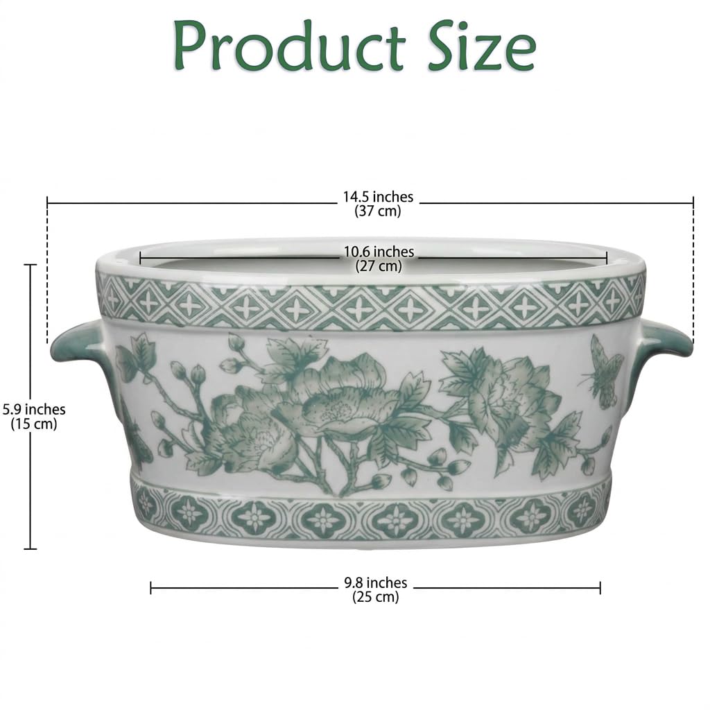 Blue Floral Oval Ceramic Cachepot, 10.6 in