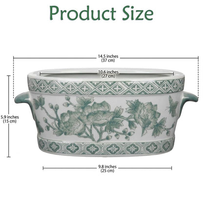 Blue Floral Oval Ceramic Cachepot, 10.6 in