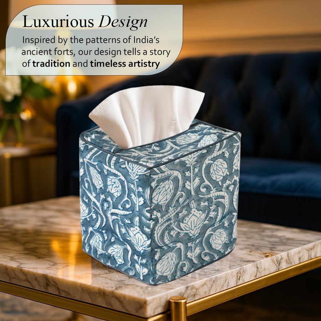 Block Print Cotton Tissue Box Cover, Apatite Blue