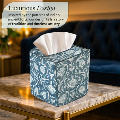 Block Print Cotton Tissue Box Cover, Apatite Blue