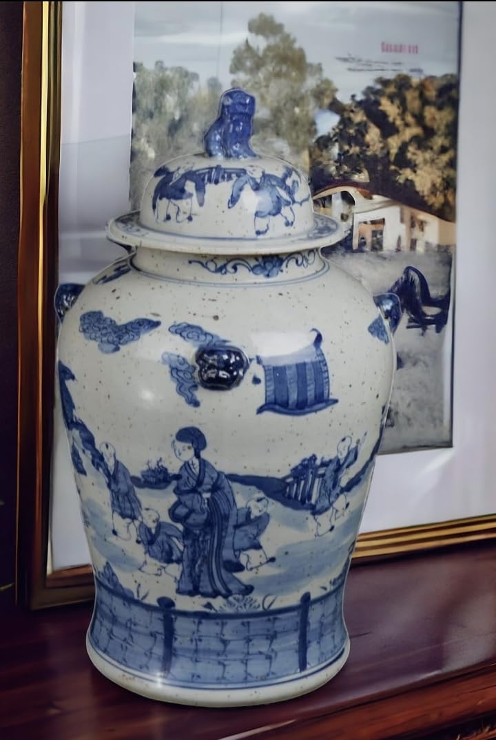 Blue and White Lotus Ginger Jar, 19 Inch