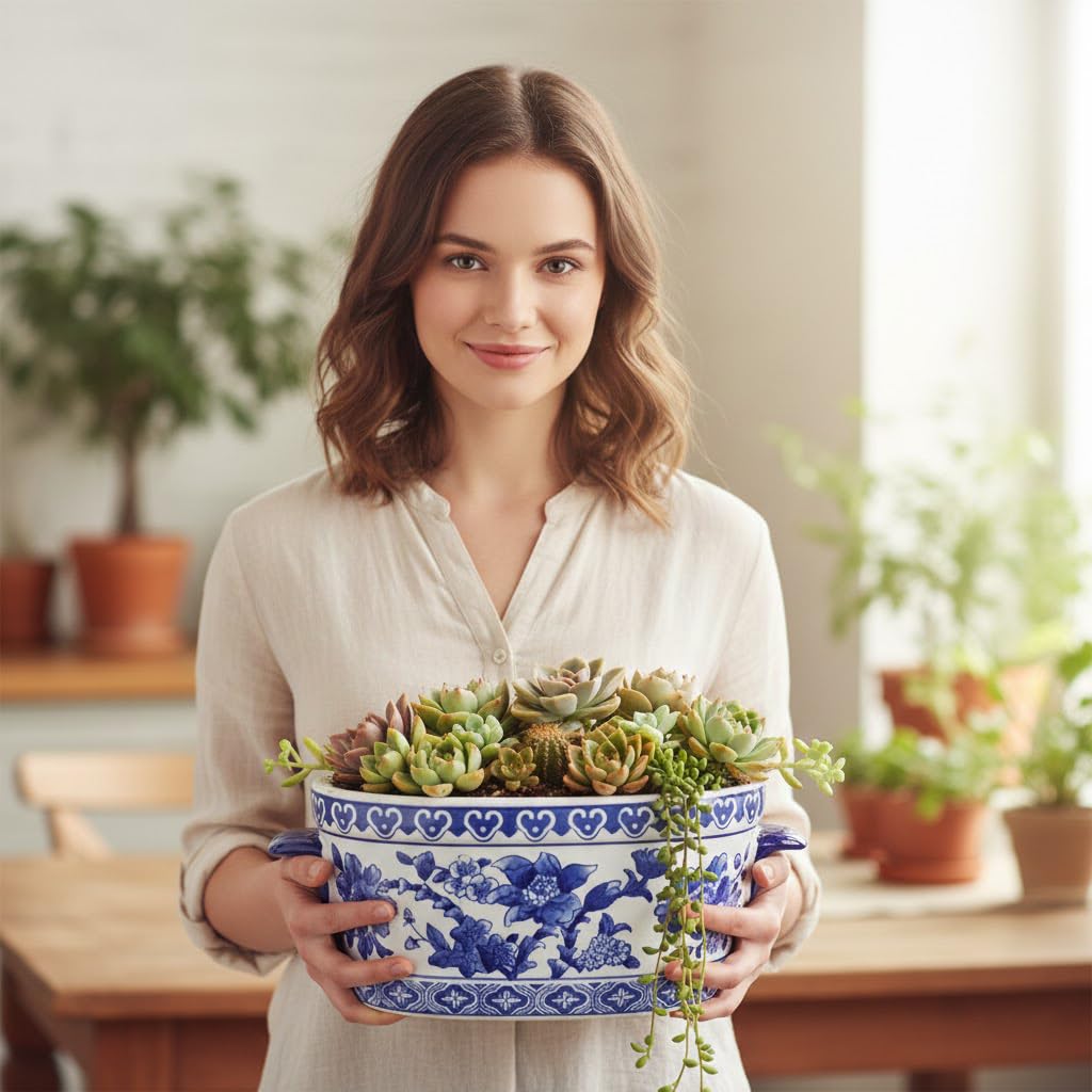 Blue Floral Oval Ceramic Cachepot, 10.6 in