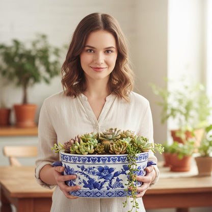 Blue Floral Oval Ceramic Cachepot, 10.6 in