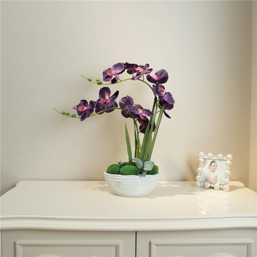 Faux Orchid in Navy Ribbed Ceramic Pot