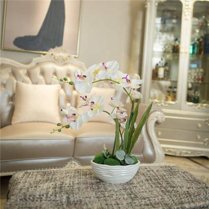 Faux Orchid in Navy Ribbed Ceramic Pot