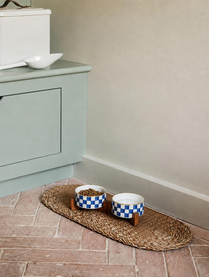 Blue and White Checkered Ceramic Dog Bowls
