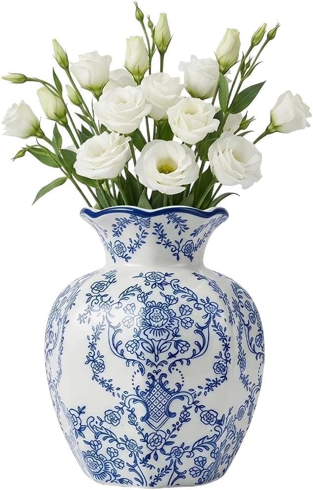 Blue and White Octagon Ceramic Vase, 2 Sizes