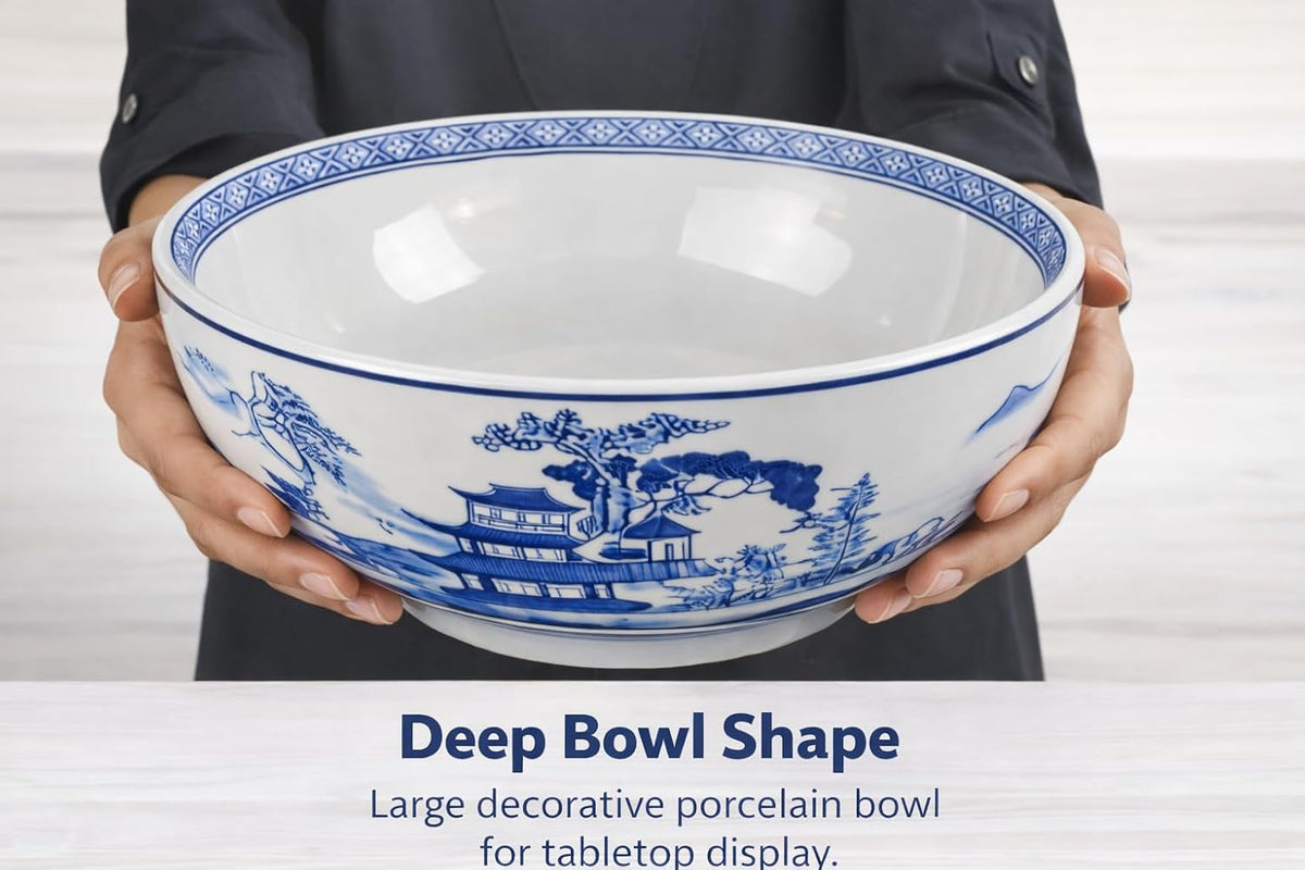 Blue and White Chinese Landscape Centerpiece Bowl, 12 Inch