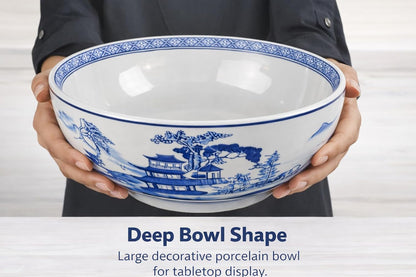 Blue and White Chinese Landscape Centerpiece Bowl, 12 Inch