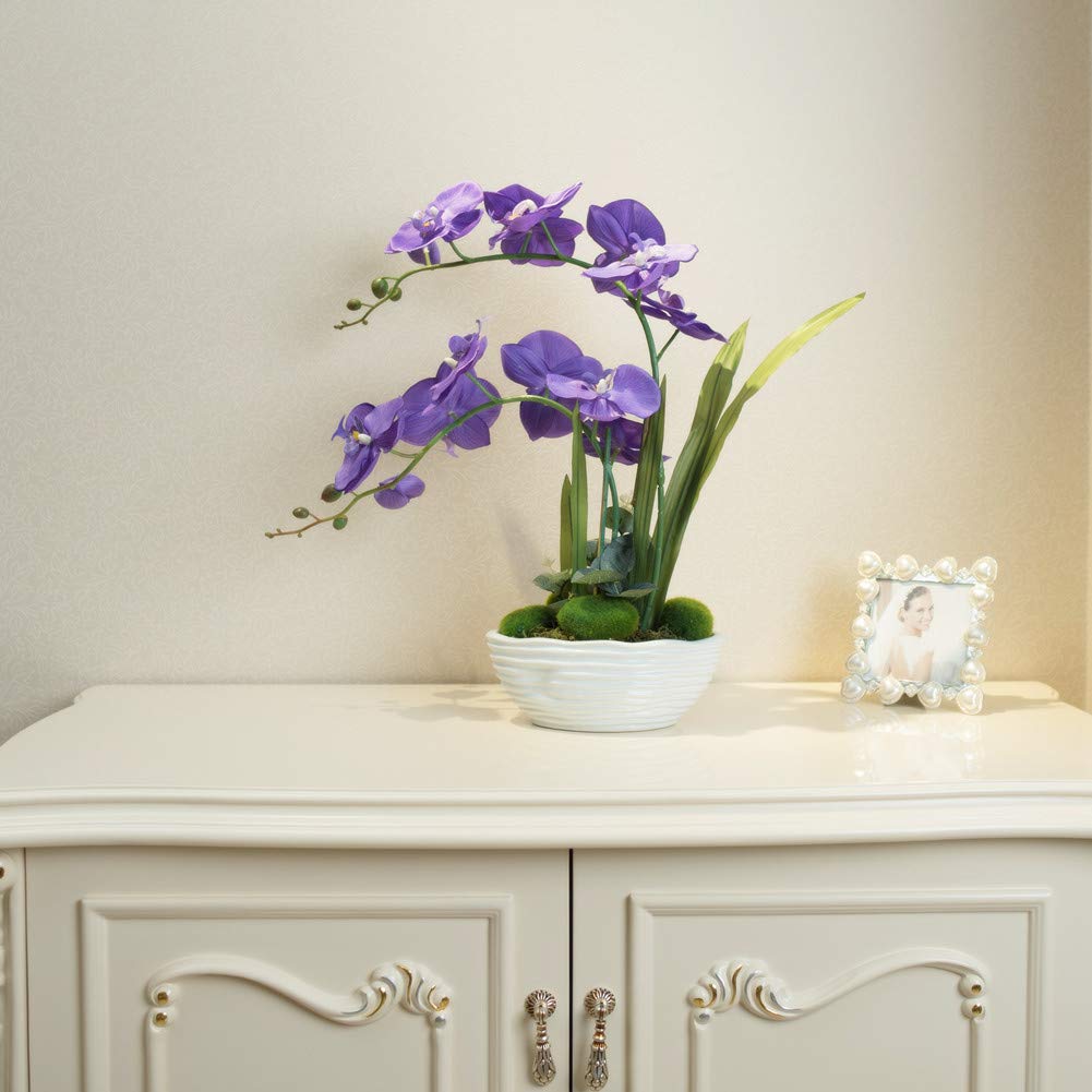 Faux Orchid in Navy Ribbed Ceramic Pot